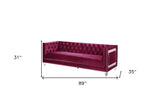 89" Burgundy Velvet Sofa And Toss Pillows With Clear Legs