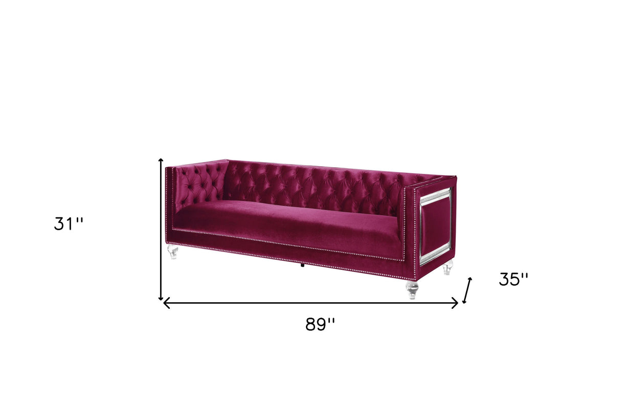 89" Burgundy Velvet Sofa And Toss Pillows With Clear Legs