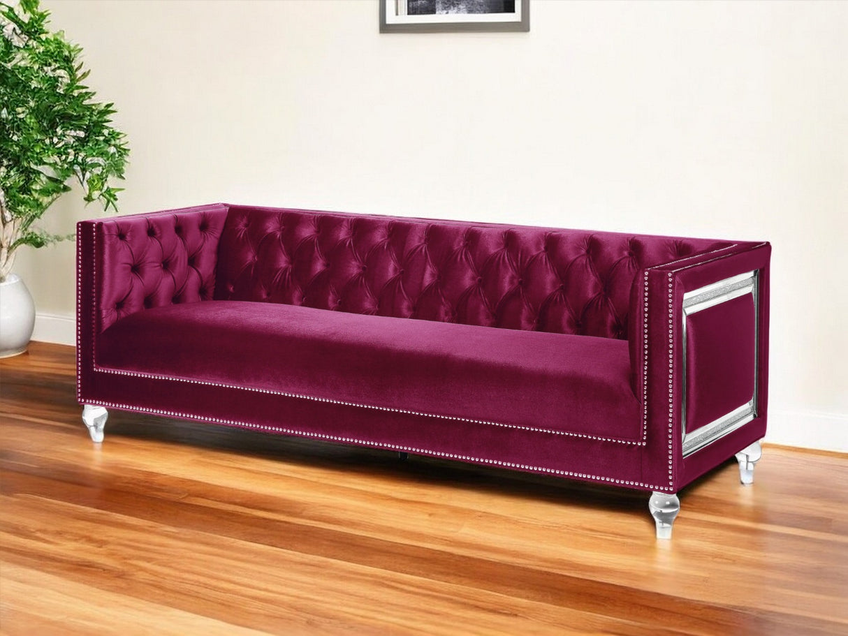 89" Burgundy Velvet Sofa And Toss Pillows With Clear Legs