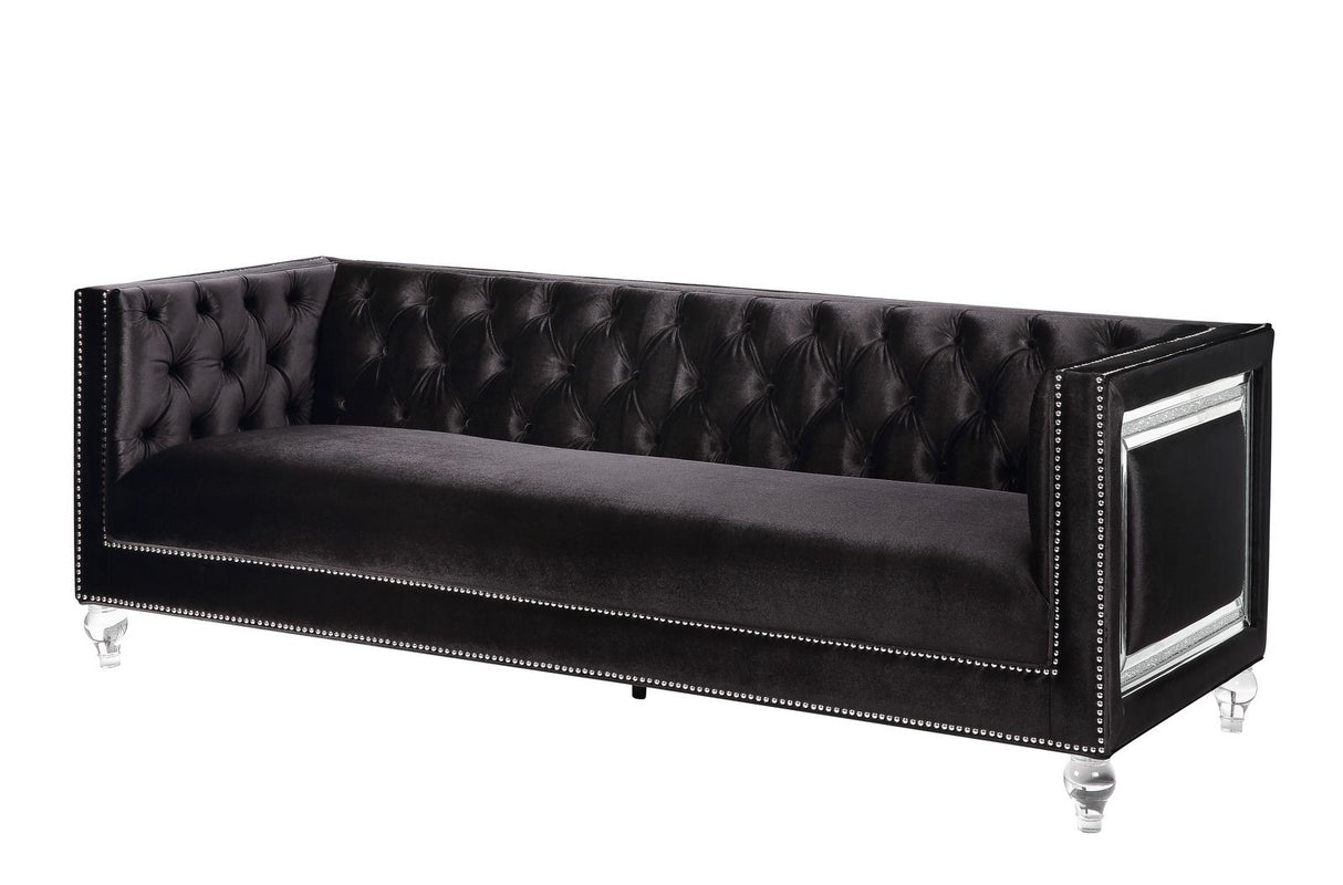 89" Black Velvet Sofa And Toss Pillows With Clear Legs