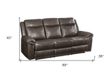 89" Brown Faux Leather Reclining USB Sofa With Black Legs