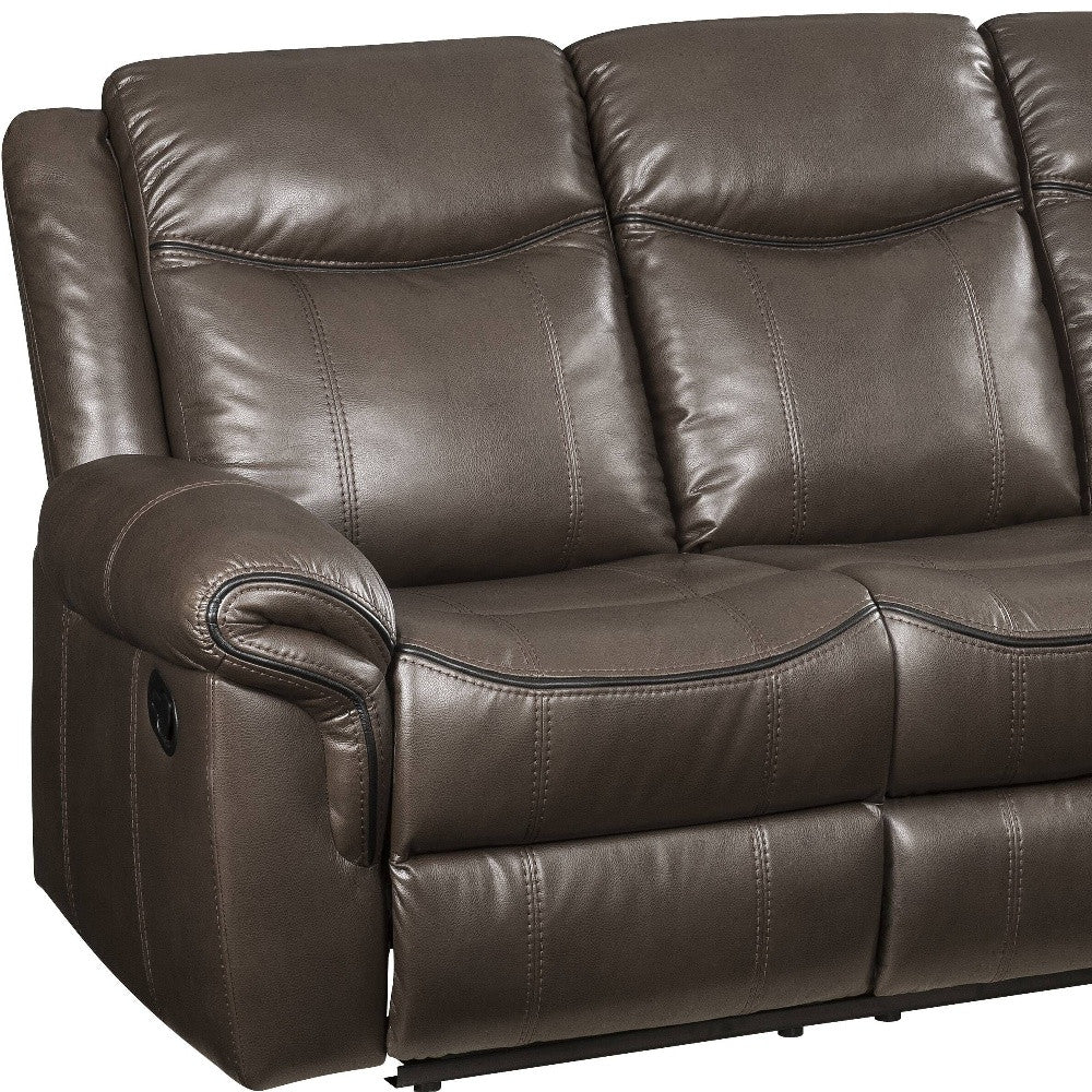 89" Brown Faux Leather Reclining USB Sofa With Black Legs