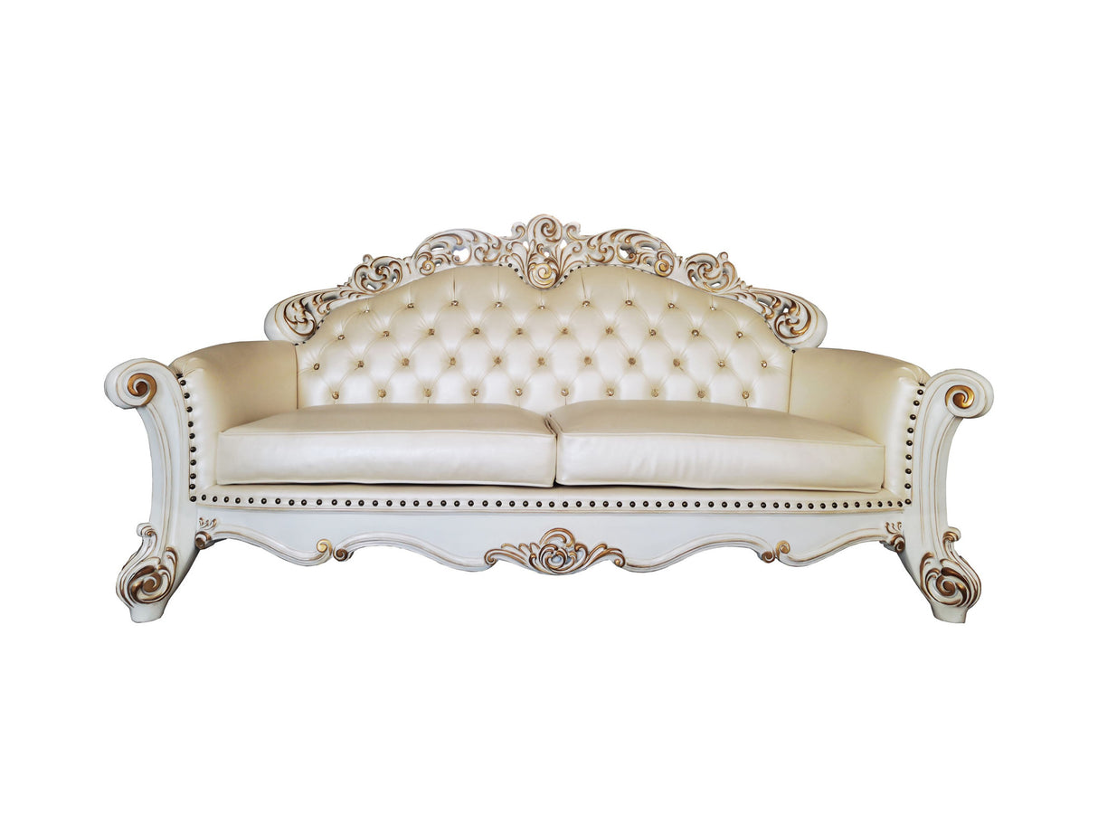 96" Champagne Faux Leather Sofa And Toss Pillows With Pearl Legs