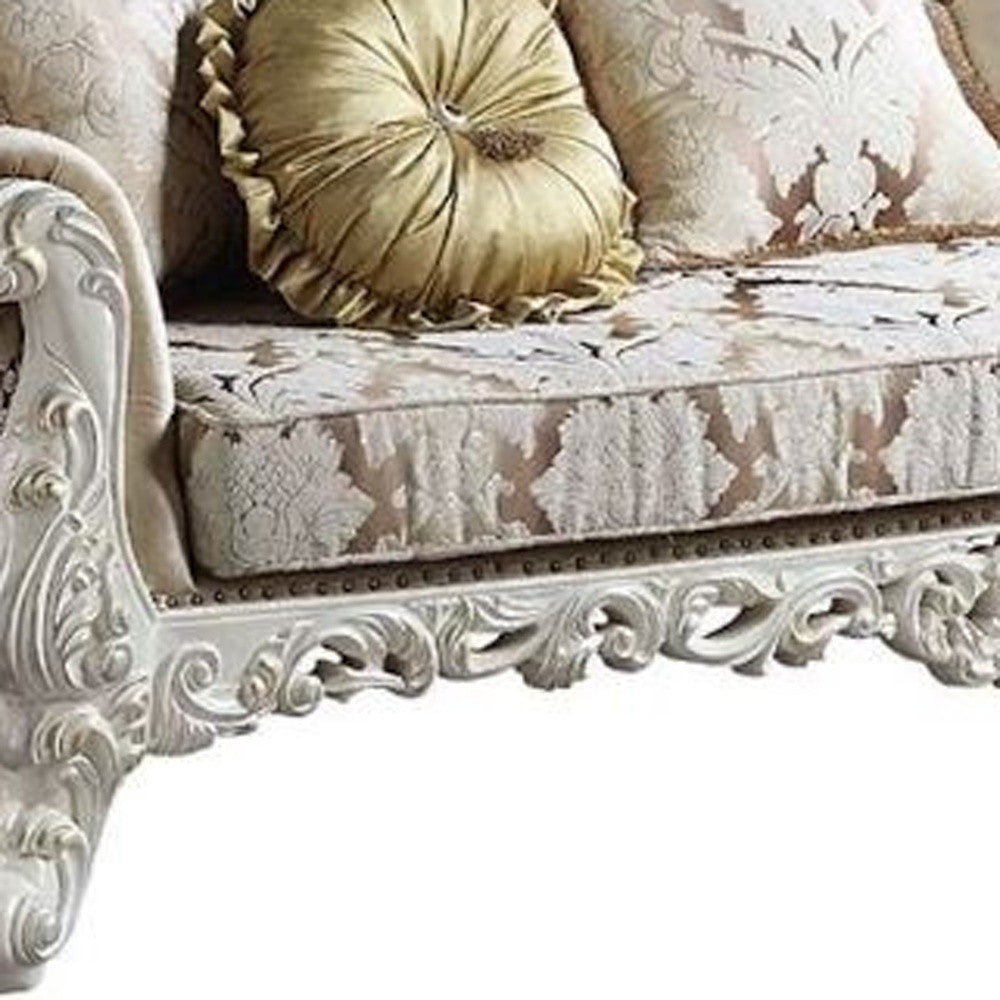 97" Fabric Polyester Damask Sofa And Toss Pillows With White Legs