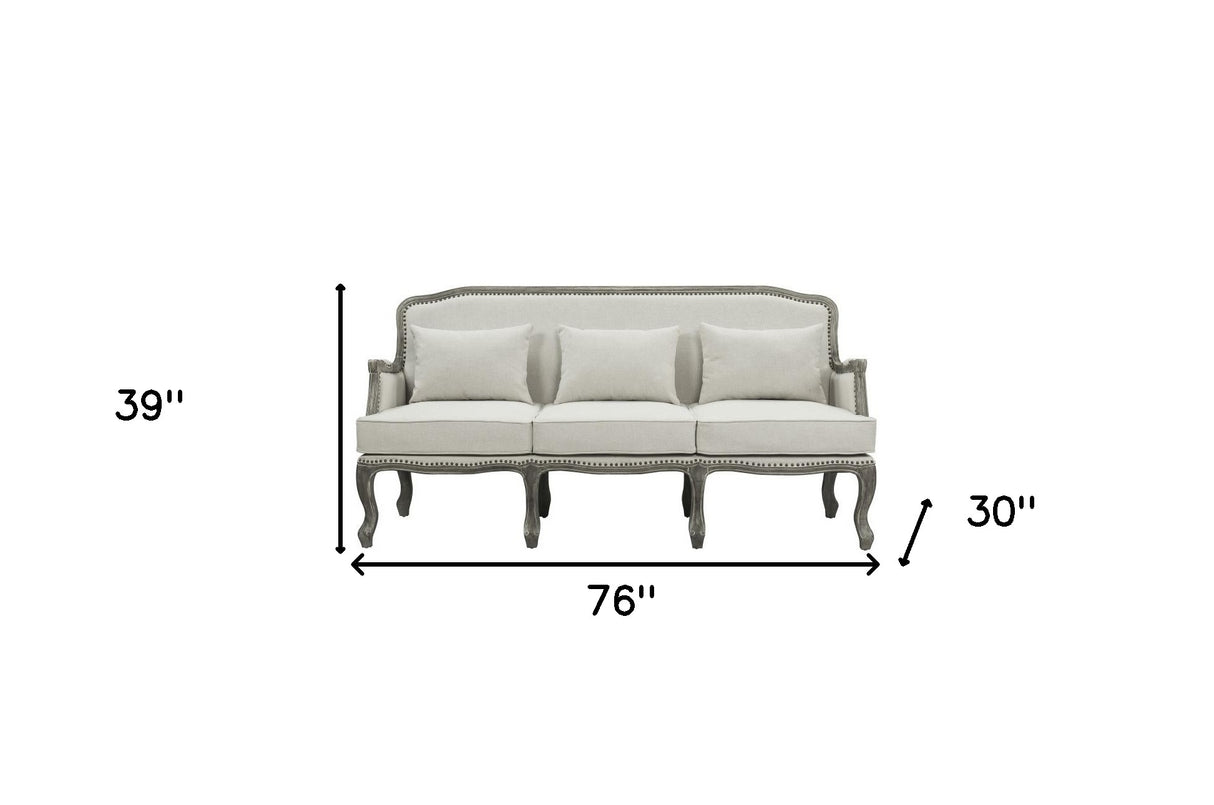 76" Cream Linen Sofa With Brown Legs