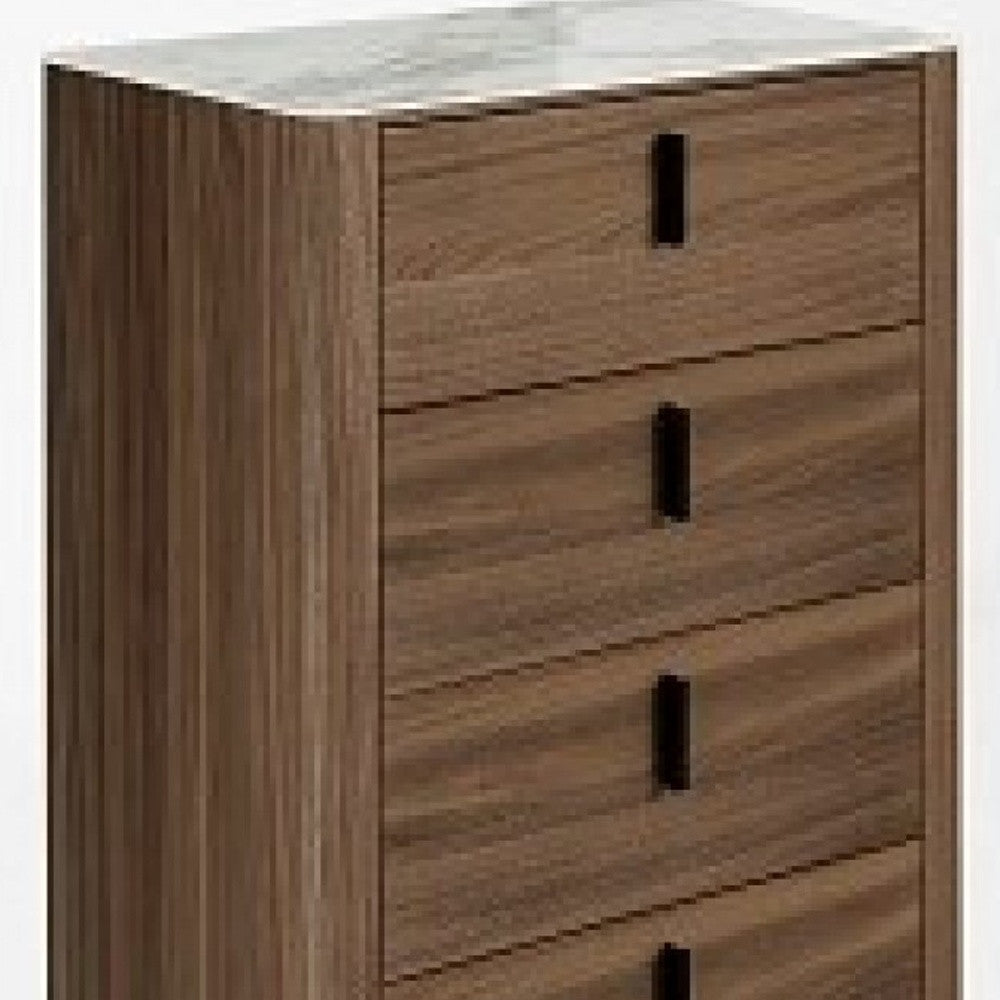 28" Walnut White Marble Manufactured Wood + Solid Wood Stainless Steel Five Drawer Chest
