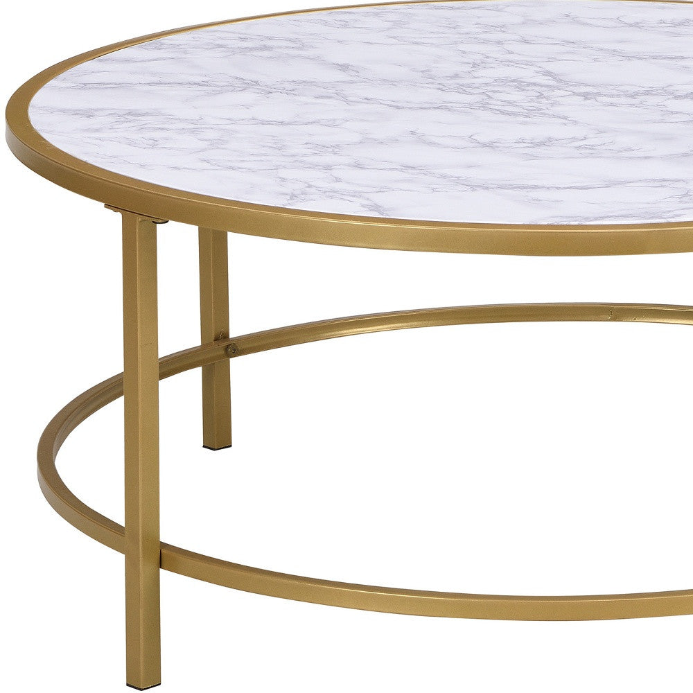 36" White And Gold Faux Marble And Metal Round Coffee Table