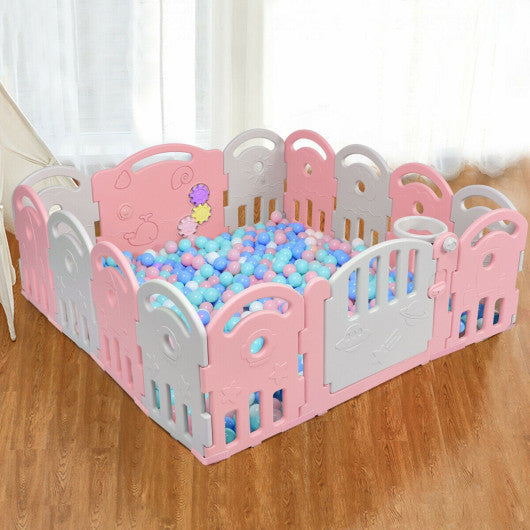 14-Panel Baby Playpen with Music Box & Basketball Hoop-Pink