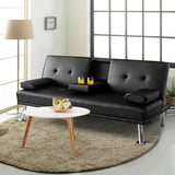 Convertible Folding Leather Futon Sofa with Cup Holders and Armrests-Black