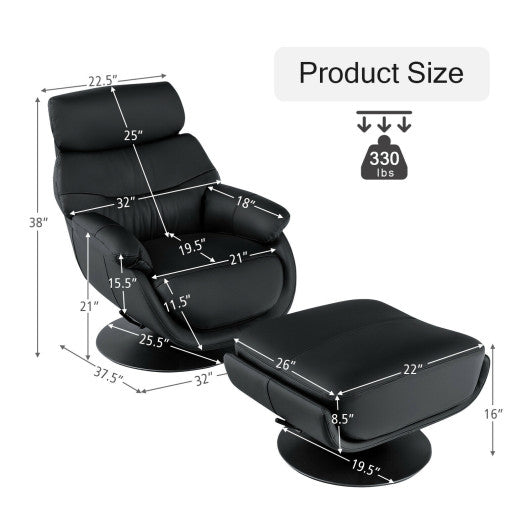 360° Swivel Leather Lounge Chair with Ottoman and Thick Footstool-Black