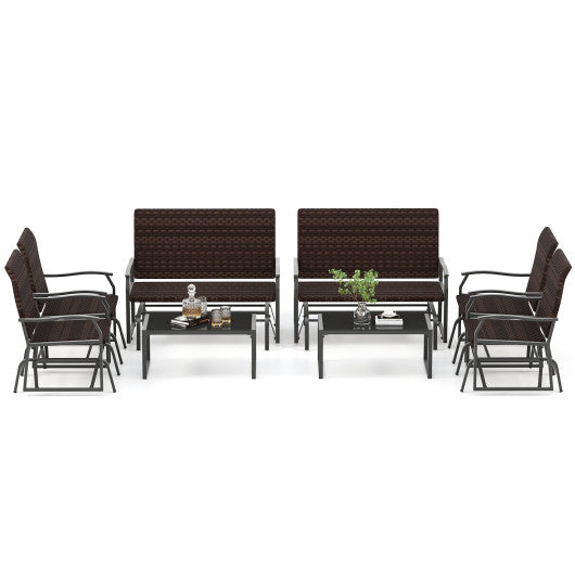 4 Piece Patio Gliding Set Wicker Swing Glider Furniture Set All Weather witrh Tempered Glass Coffee Table-Brown