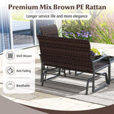 4 Piece Patio Gliding Set Wicker Swing Glider Furniture Set All Weather witrh Tempered Glass Coffee Table-Brown