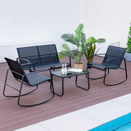 4 Piece Patio Rocking Set with Glass-Top Table-Black