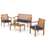4 Piece Patio Wood Furniture Set Acacia Wood Sofa Set with Loveseat-Navy