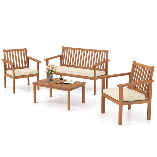 4 Piece Patio Wood Furniture Set Acacia Wood Sofa Set with Loveseat-Off White