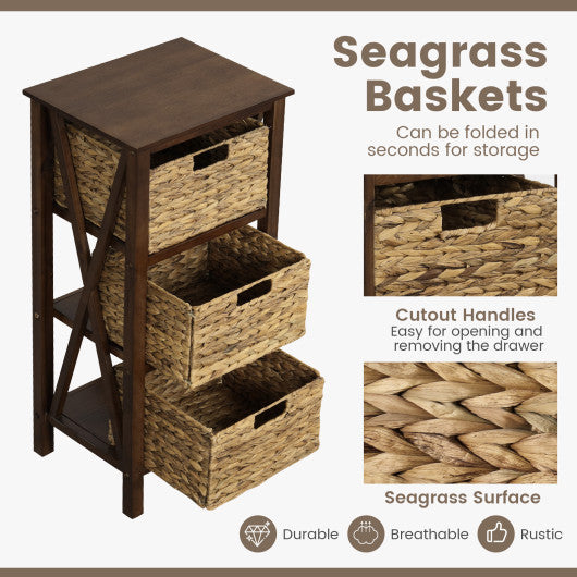 3/4-Tier Nightstand with 2/3 Seagrass Baskets Narrow X-Design-4 Tier