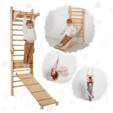 4in1 Climbing Set: Wooden Swedish Wall + Swing Set + Slide Board + Triangle Ladder