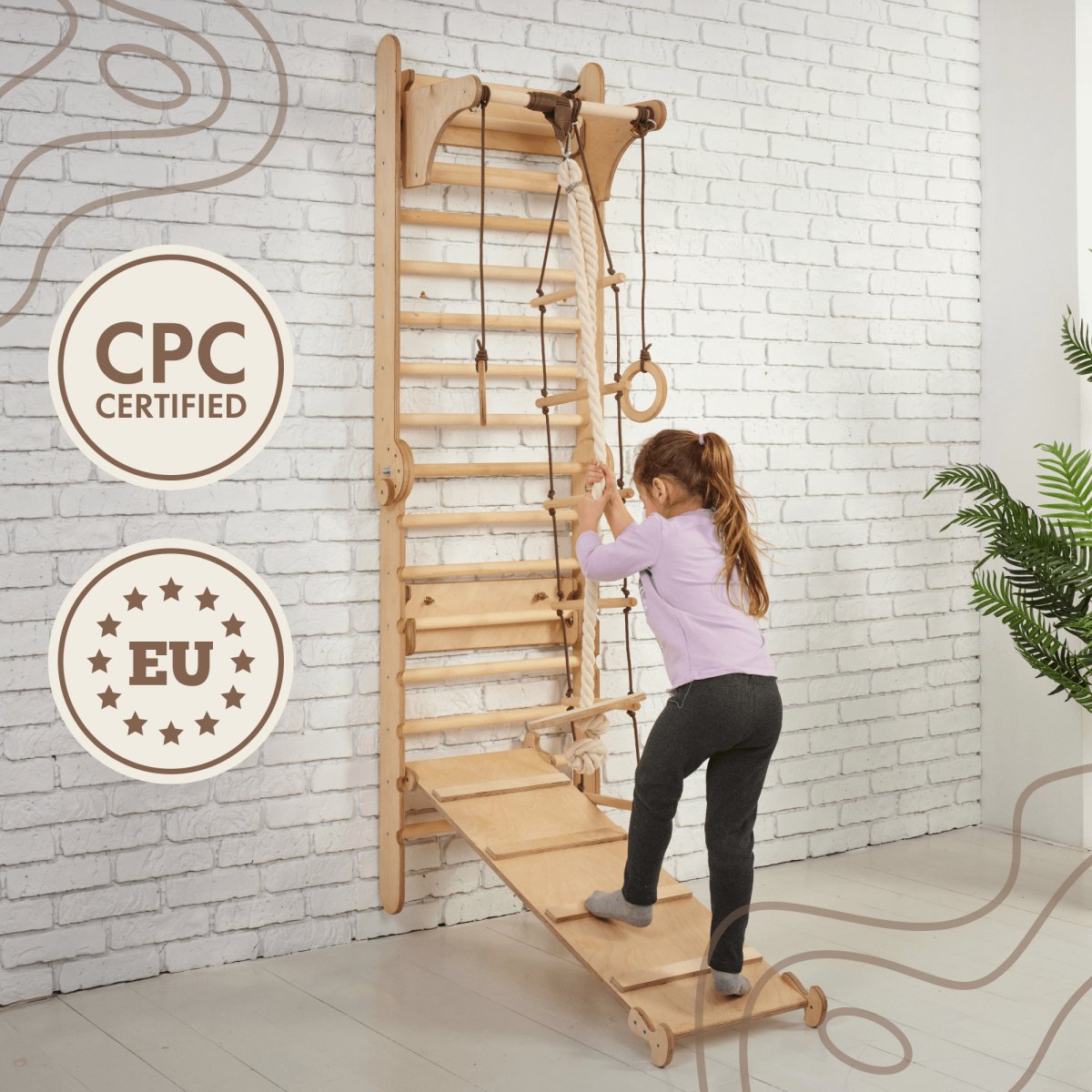 4in1 Climbing Set: Wooden Swedish Wall + Swing Set + Slide Board + Triangle Ladder