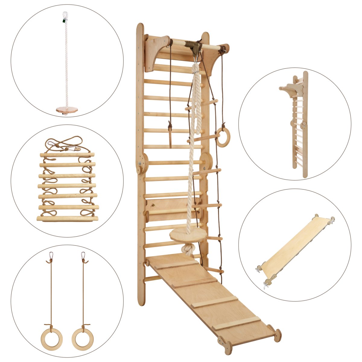 4in1 Climbing Set: Wooden Swedish Wall + Swing Set + Slide Board + Triangle Ladder