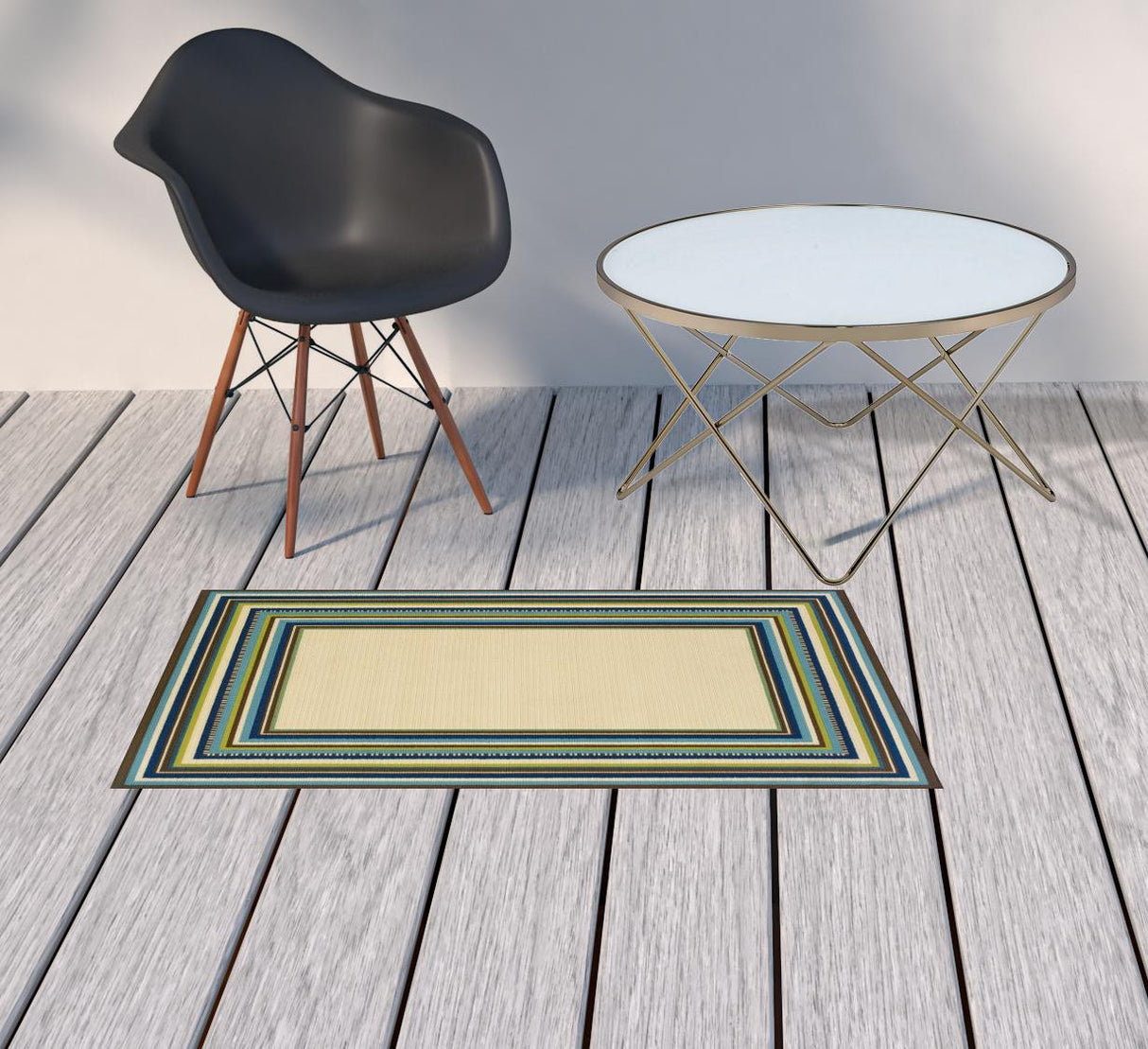 2' X 4' Ivory and Blue Striped Stain Resistant Indoor Outdoor Area Rug