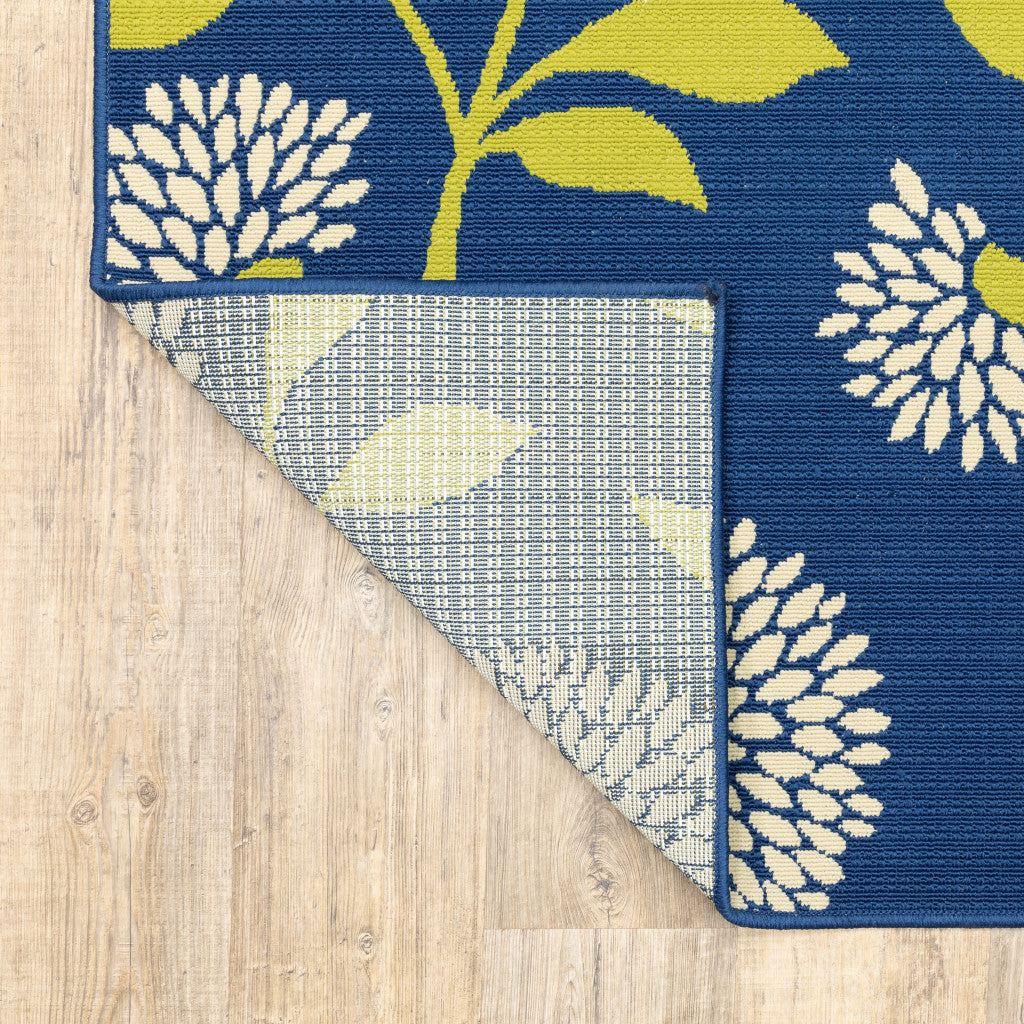 2' X 4' Blue and Green Floral Stain Resistant Indoor Outdoor Area Rug