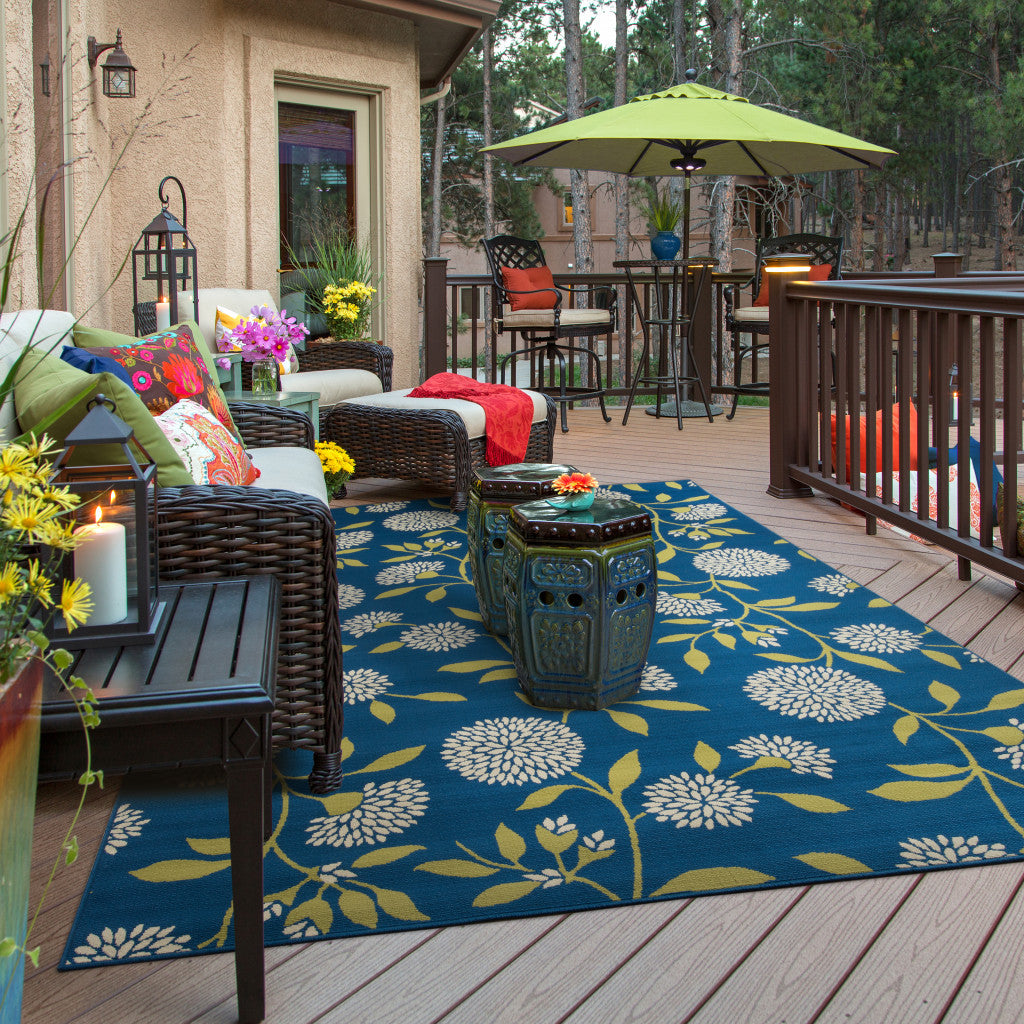 2' X 4' Blue and Green Floral Stain Resistant Indoor Outdoor Area Rug