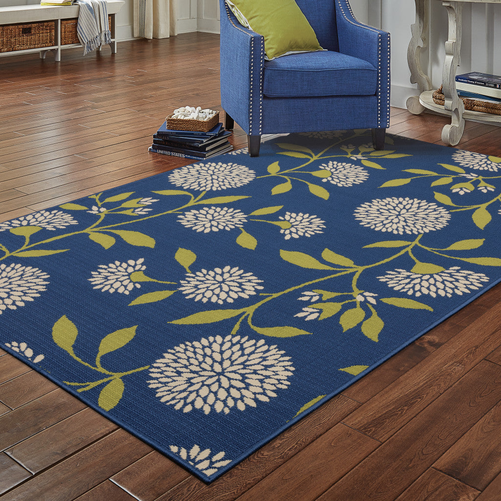 2' X 4' Blue and Green Floral Stain Resistant Indoor Outdoor Area Rug