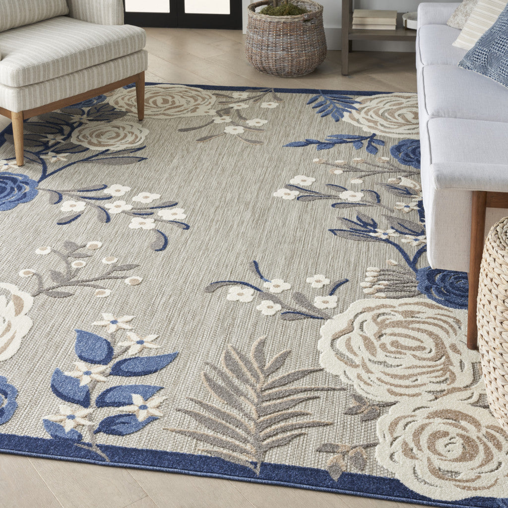 9' X 12' Blue And Grey Floral Stain Resistant Non Skid Area Rug