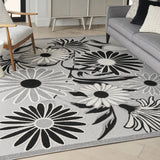 9' X 12' Black And White Floral Stain Resistant Non Skid Area Rug