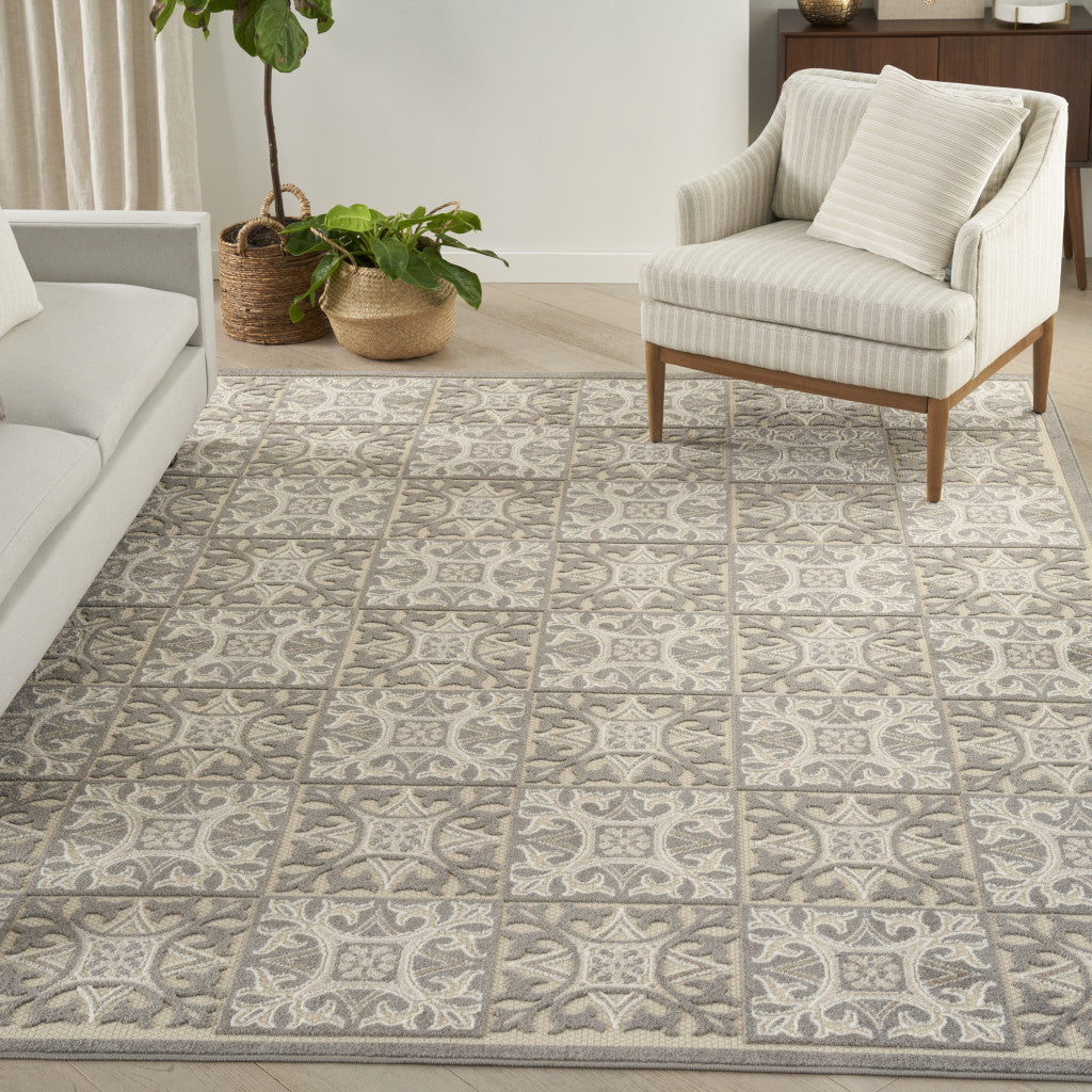 9' X 12' Ivory And Grey Fleur De Lis Stain Resistant Non Skid Area Rug