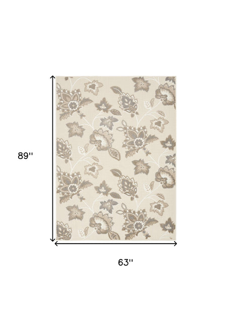 5' X 8' Beige Floral Stain Resistant Non Skid Area Rug