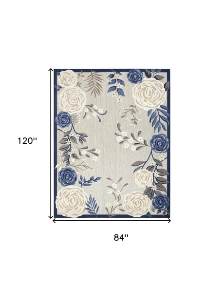 7' X 10' Blue And Grey Floral Stain Resistant Non Skid Area Rug