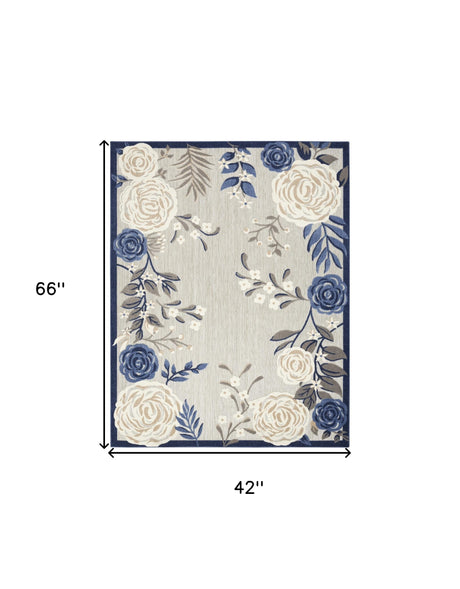 4' X 6' Blue And Grey Floral Stain Resistant Non Skid Area Rug