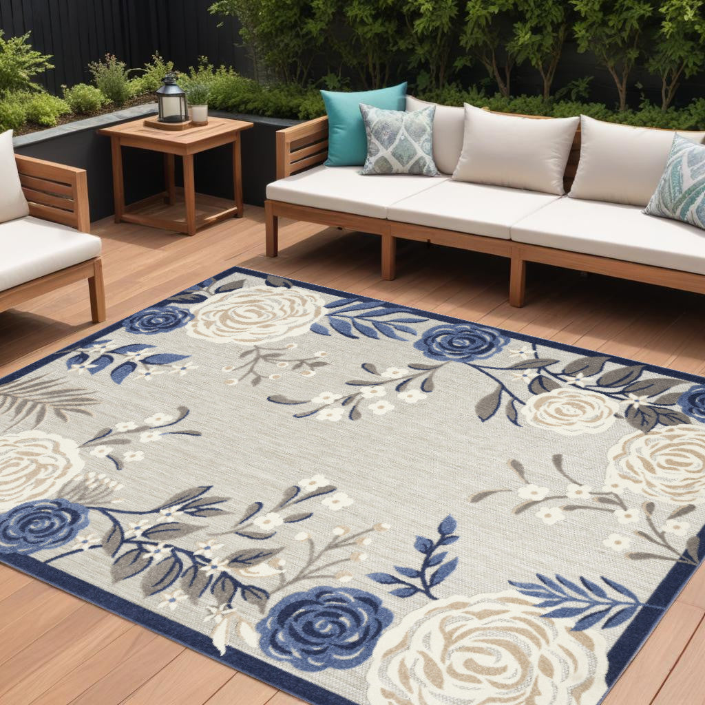 8' X 11' Blue and Gray Floral Non Skid Indoor Outdoor Area Rug