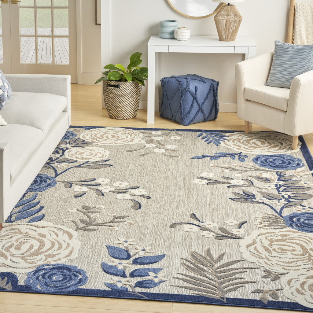 8' X 11' Blue and Gray Floral Non Skid Indoor Outdoor Area Rug