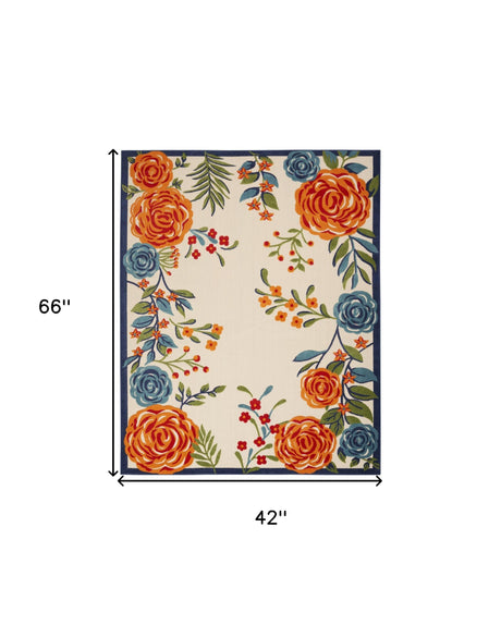 4' X 6' Ivory Blue and Orange Floral Non Skid Indoor Outdoor Area Rug