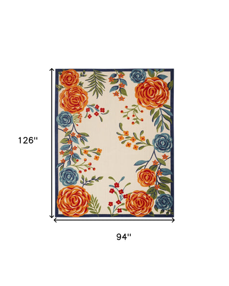 8' X 11' Ivory Blue and Orange Floral Non Skid Indoor Outdoor Area Rug