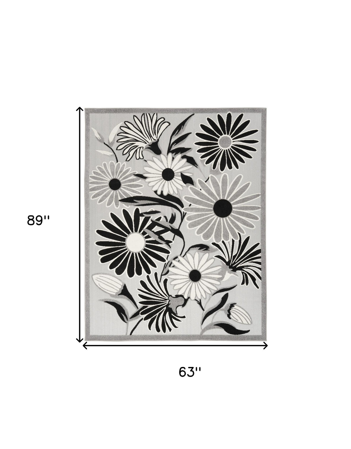 5' X 8' Black And White Floral Stain Resistant Non Skid Area Rug