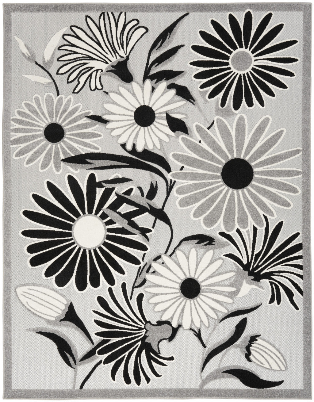 8' X 11' Black and White Floral Non Skid Indoor Outdoor Area Rug