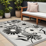 8' X 11' Black and White Floral Non Skid Indoor Outdoor Area Rug