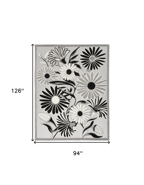 8' X 11' Black and White Floral Non Skid Indoor Outdoor Area Rug