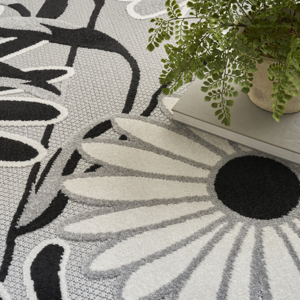 8' X 11' Black and White Floral Non Skid Indoor Outdoor Area Rug