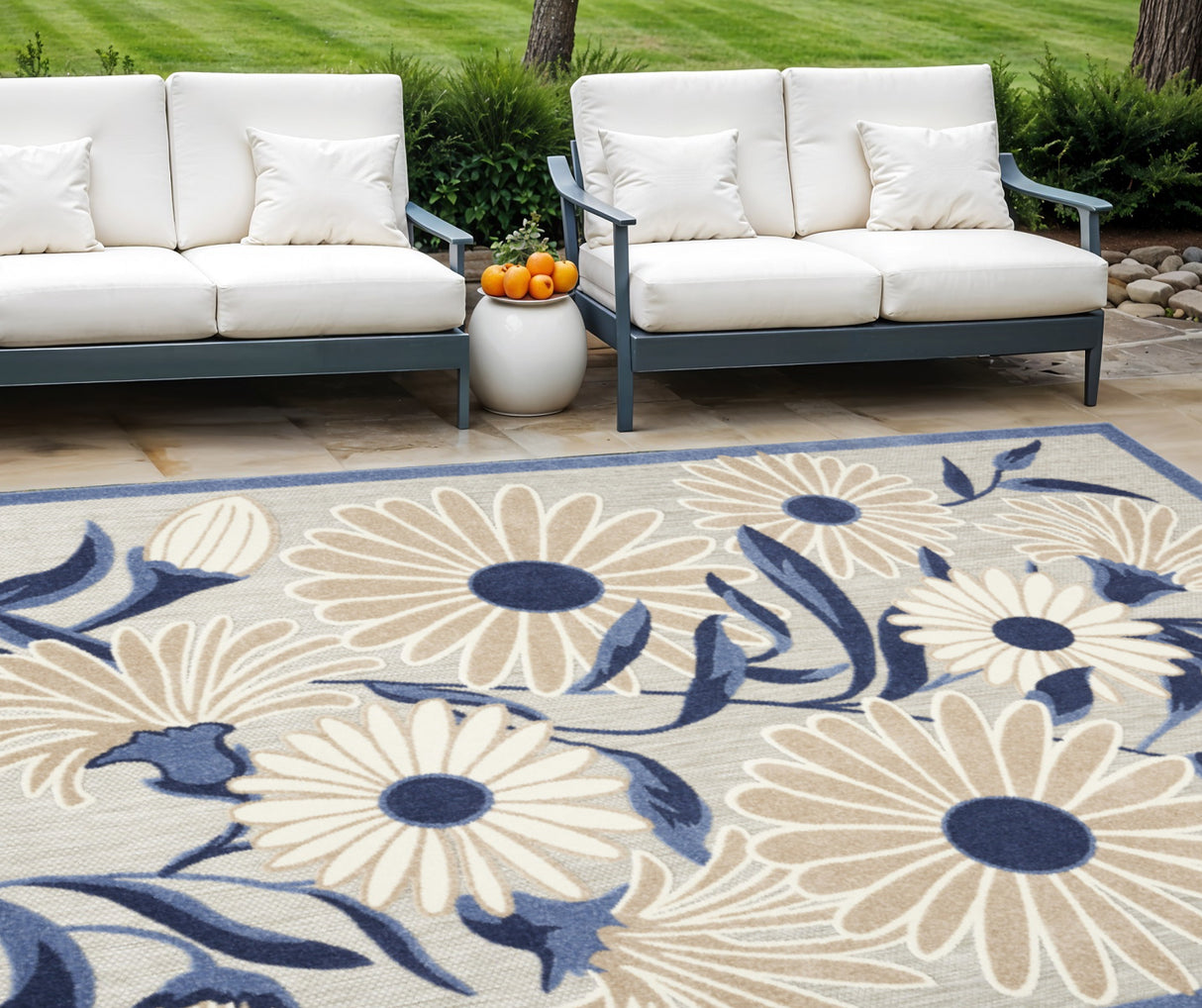 8' X 11' Blue and Gray Floral Non Skid Indoor Outdoor Area Rug