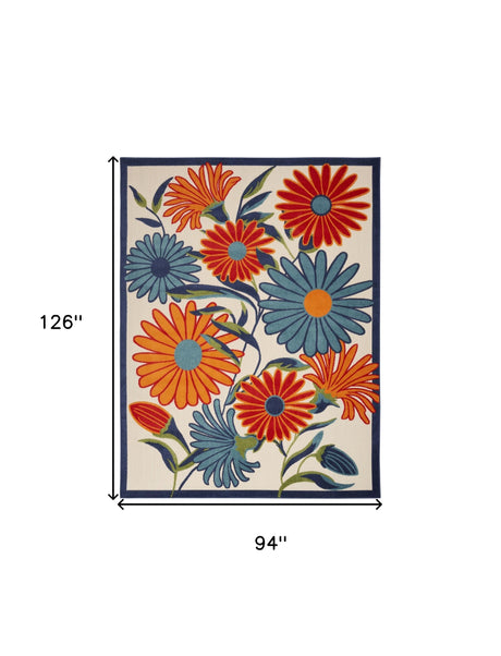 8' X 11' Ivory Blue and Orange Floral Non Skid Indoor Outdoor Area Rug