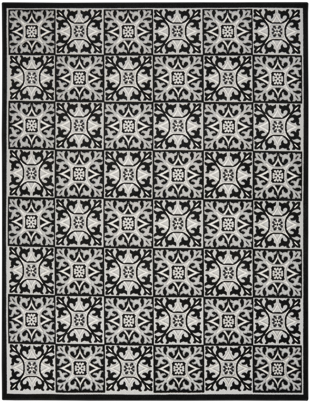 7' X 10' Black And White Fleur De Lis Stain Resistant Non Skid Area Rug