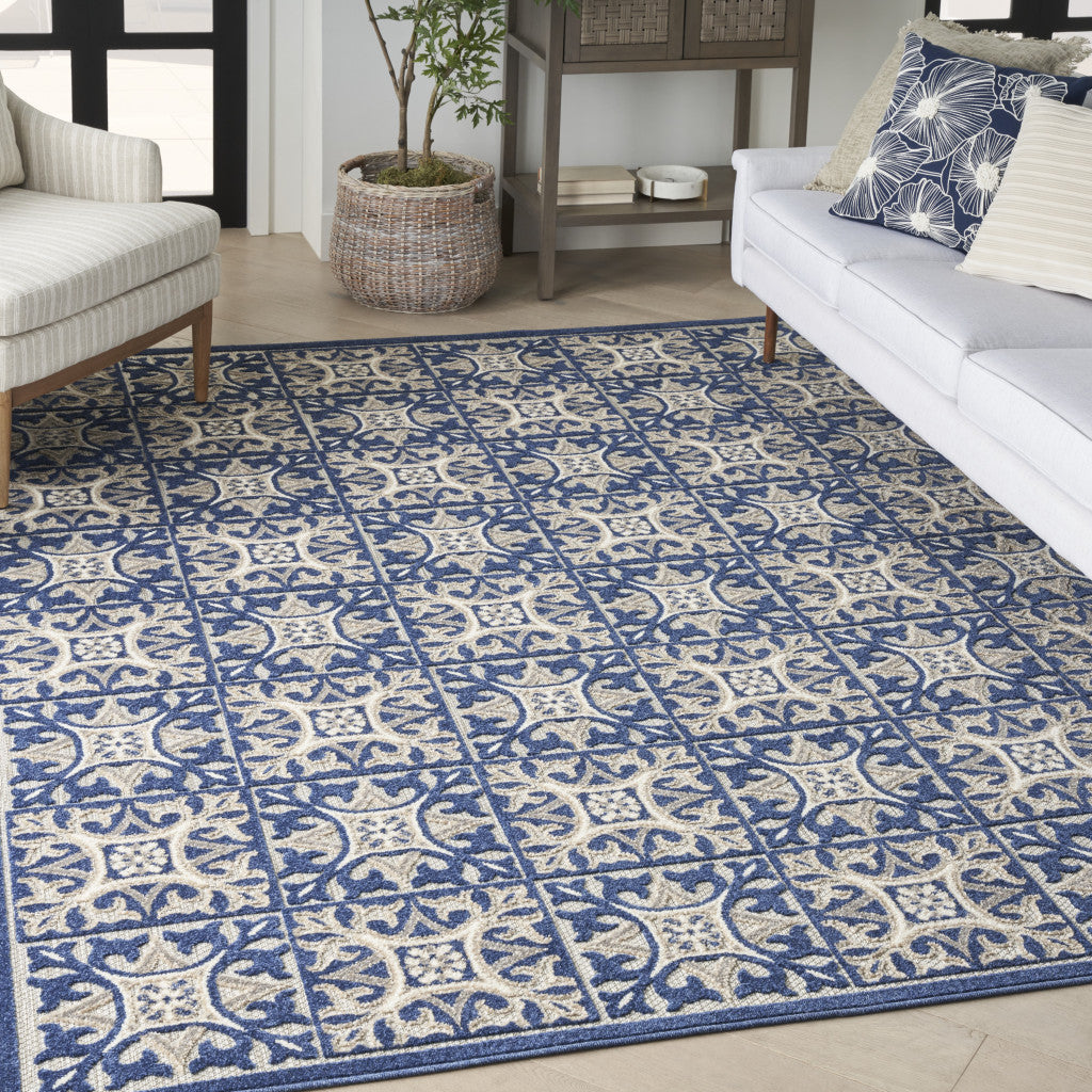 6' X 9' Blue Fleur De Lis Stain Resistant Non Skid Area Rug