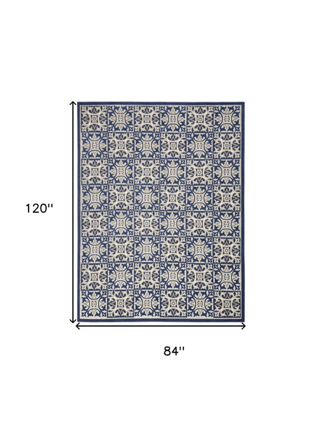 7' X 10' Blue Fleur De Lis Stain Resistant Non Skid Area Rug