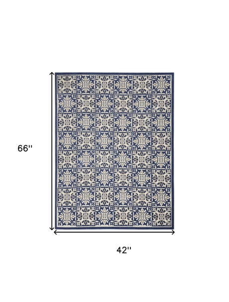 4' X 6' Blue Fleur De Lis Stain Resistant Non Skid Area Rug