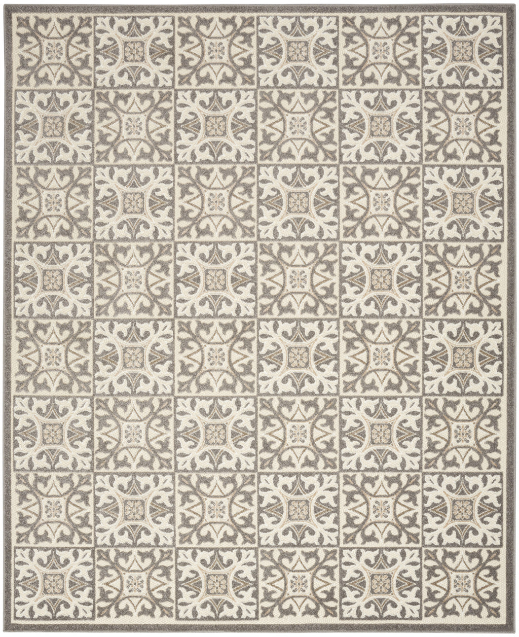 6' X 9' Ivory And Grey Fleur De Lis Stain Resistant Non Skid Area Rug