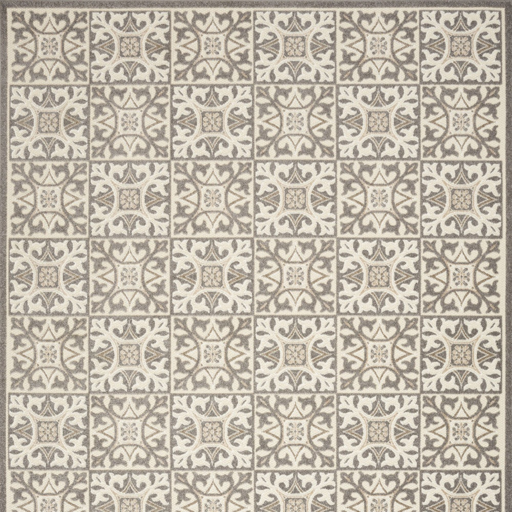 6' X 9' Ivory And Grey Fleur De Lis Stain Resistant Non Skid Area Rug